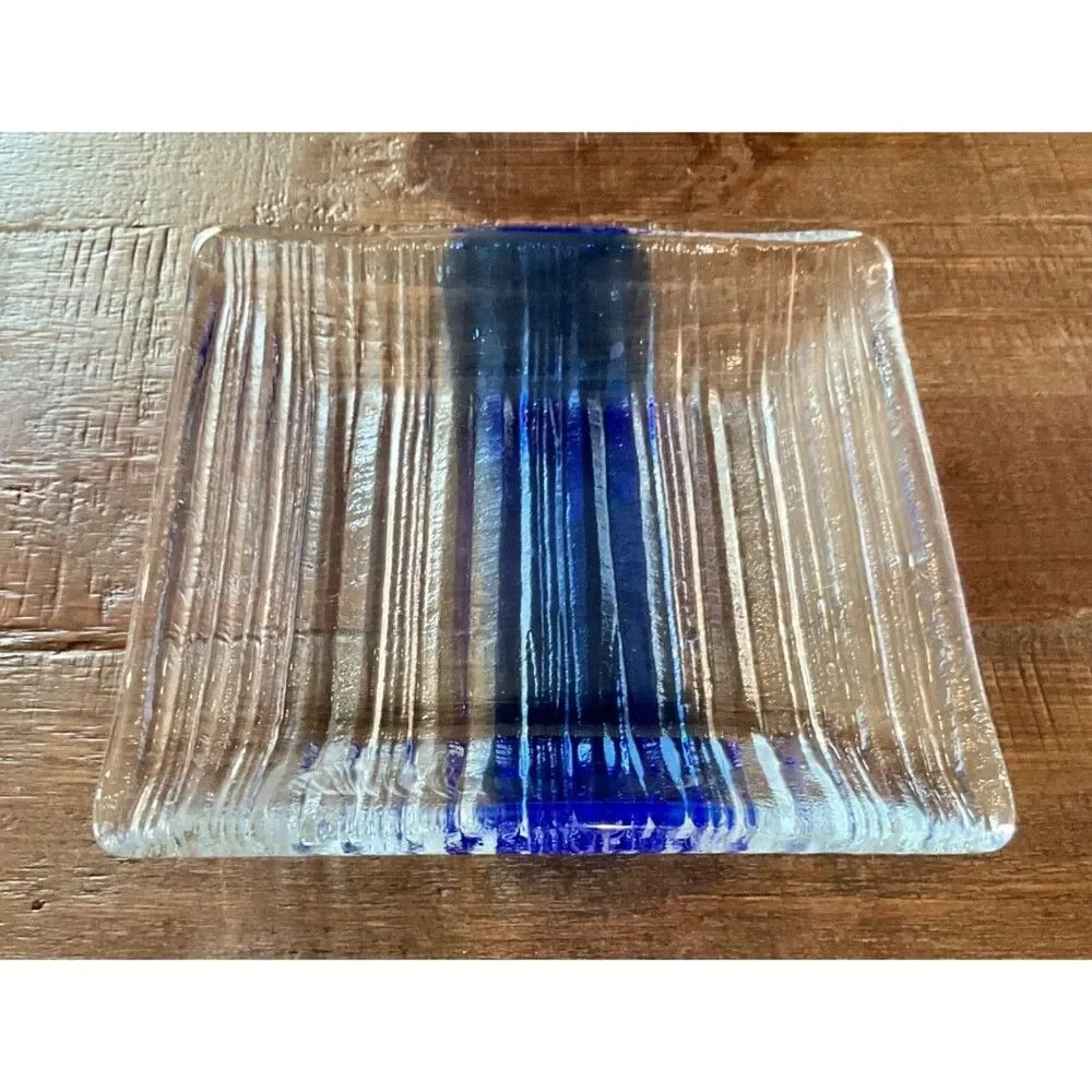 Fused Glass Blue Stripe Trinket Soap Dish Square 5.75